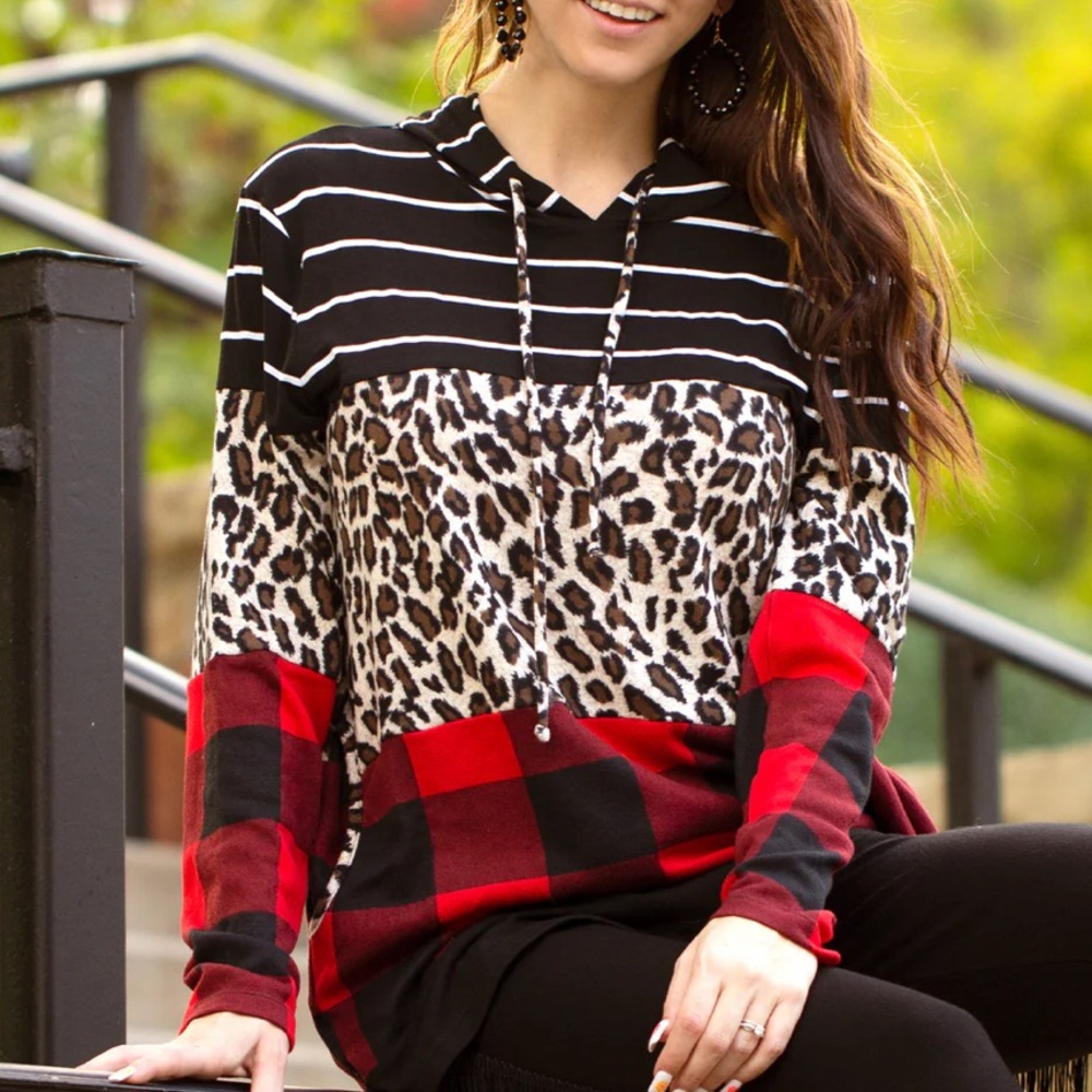 Buffalo‎ Plaid andStriped Hoodie with Pockets Black NWT